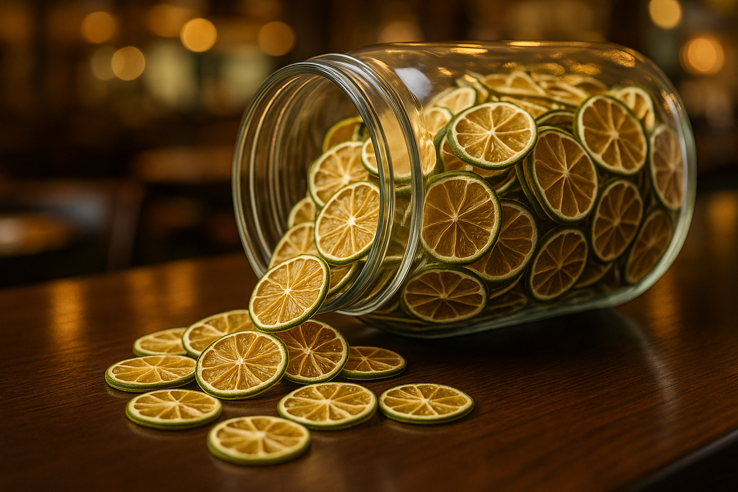 create a photo of a wholesale glass jar full of lime wheels dehydrated on a restaraunt bar top with lime wheels pouring out of the large glass jar