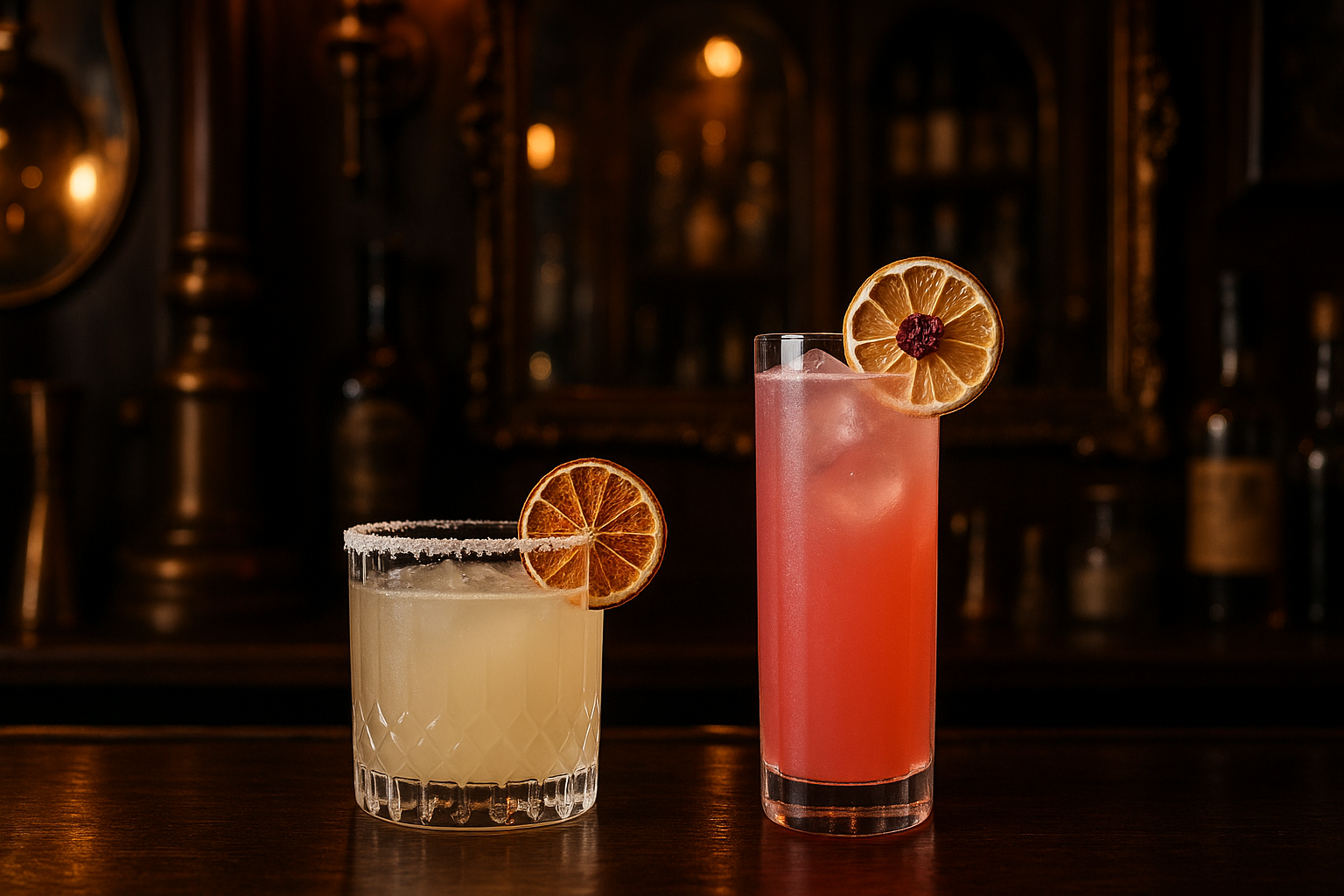 add a salt rim to the margarite and change the raspberry lemonade into a collins glass set in a vintage bar setting