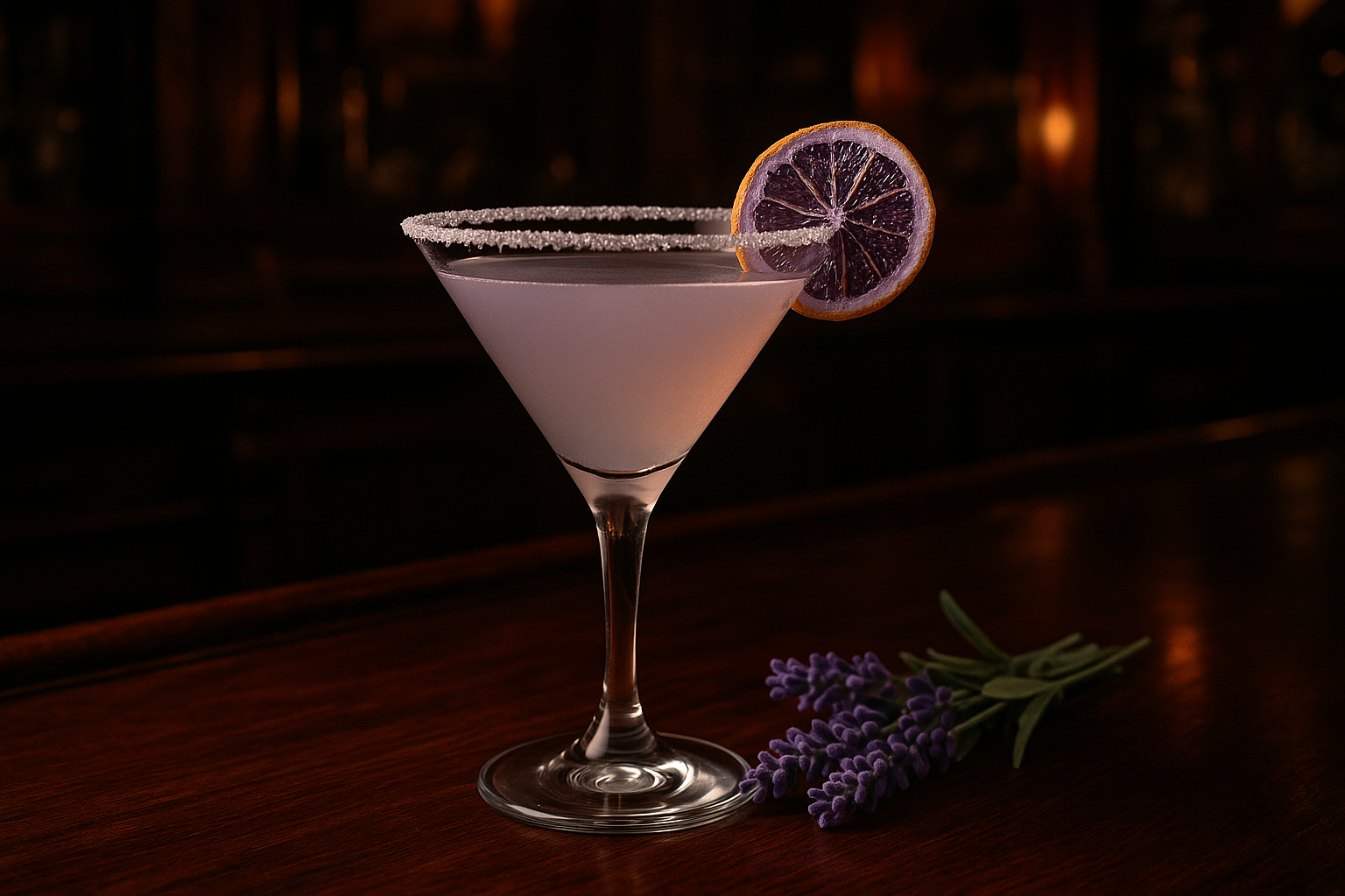 darker vintage background vintage bar setting add sugar around the rim of the glass and lavender plant to the bar top