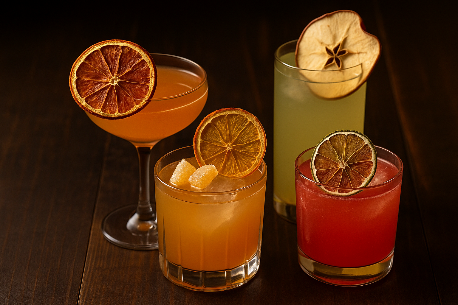 dehydrated cocktail garnishes on cocktails